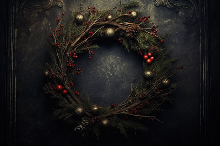 Generative AI, Close up Christmas wreath, dried branches, red berries, pine, balls and flowers on dark moody floral textured background.の素材