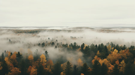 Generative AI, Misty autumn fir forest beautiful landscape in hipster vintage retro style, foggy mountains and trees.の素材