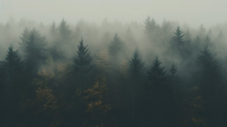 Generative AI, Misty autumn fir forest beautiful landscape in hipster vintage retro style, foggy mountains and trees.の素材