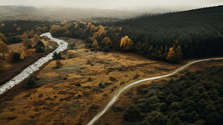 Generative AI, autumn colorful forest beautiful landscape in hipster vintage retro style, muted neutral colors.の素材