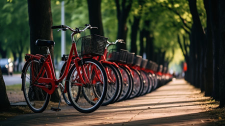 Generative AI, Bike sharing system, many red city bikes parked. Healthy ecology urban transportation.の素材