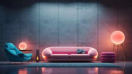 Generative AI, Modern neon minimalistic interior, blue and pink colors, sofa, table and plantsの素材