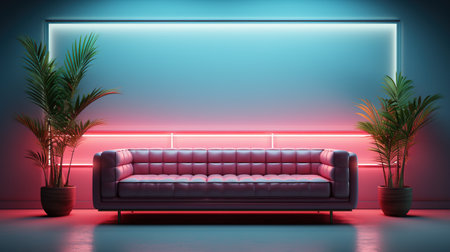 Generative AI, Modern neon minimalistic interior, blue and pink colors, sofa, table and plantsの素材