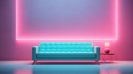 Generative AI, Modern neon minimalistic interior, blue and pink colors, sofa, table and plantsの素材