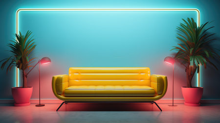 Generative AI, Modern neon minimalistic interior, blue and pink colors, sofa, table and plantsの素材