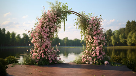 Generative AI, Wedding ceremony boho rustic style arch with flowers and plants, flower bouquets.の素材