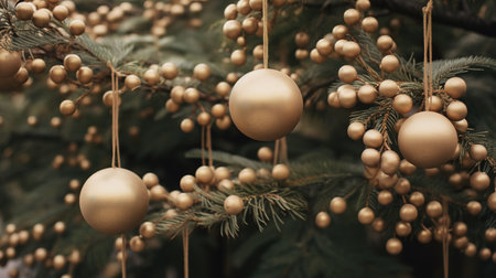 Generative AI, Chhristmas and new year balls in the fir tree branches, holidays concept, festive winter season backgroundの素材