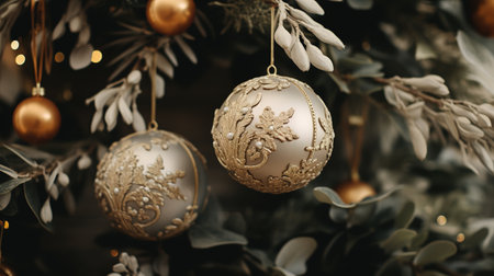 Generative AI, Chhristmas and new year balls in the fir tree branches, holidays concept, festive winter season backgroundの素材