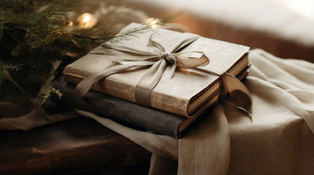 Generative AI, Christmas home decoration close up, muted colors, holiday photorealistic aestethic backgroundの素材