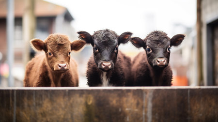 Generative AI, little calfs looking at the camera on a farm, baby cowsの素材