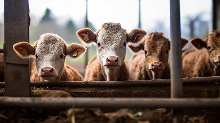 Generative AI, little calfs looking at the camera on a farm, baby cowsの素材