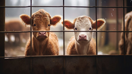 Generative AI, little calfs looking at the camera on a farm, baby cowsの素材
