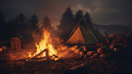 Generative AI, Burning bonfire in the evening, camping outdoor concept in neutral muted colors, tourist campの素材