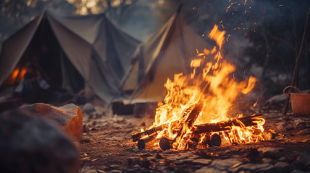 Generative AI, Burning bonfire in the evening, camping outdoor concept in neutral muted colors, tourist campの素材