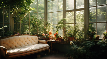 Generative AI, Beautiful aesthetic private garden with many flowers and plants, nature landscape, muted neutral colorsの素材