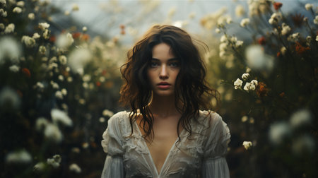 Generative AI, Beautiful girl with no make up in the autumn garden, aesthetic, muted neutral colorsの素材