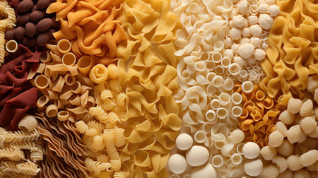Generative AI, Variety of types, colors and shapes of Italian pasta, texture backgroundの素材