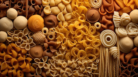 Generative AI, Variety of types, colors and shapes of Italian pasta, texture backgroundの素材