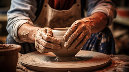 Generative AI, hands with clay making of a ceramic pot in the pottery studio, hobby and leisure conceptの素材