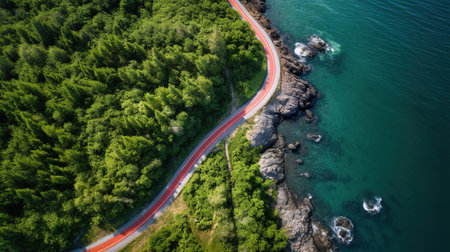 Generative AI, Aerial view of curved asphalt road near the ocean or sea, coastlineの素材