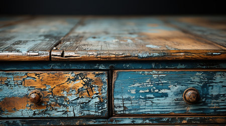 Generative AI, old dresser wooden texture. Blue, turquoise, yellow and orange colors. Vintage grunge backgroundの素材