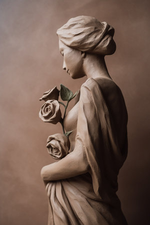 Generative AI, Photorealistic antique sculpture and flowers, muted neutral colors, 3d style ceramic statueの素材