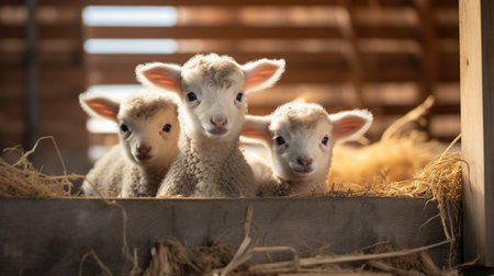 Generative AI, little lambs looking at the camera on a farm, baby sheepsの素材