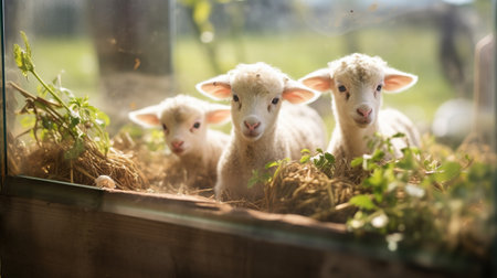 Generative AI, little lambs looking at the camera on a farm, baby sheepsの素材