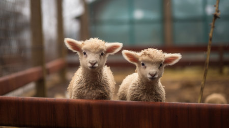 Generative AI, little lambs looking at the camera on a farm, baby sheepsの素材