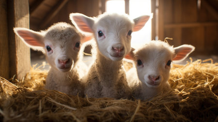 Generative AI, little lambs looking at the camera on a farm, baby sheepsの素材