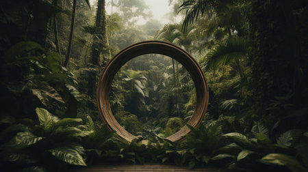Generative AI, Empty circle wooden frame and tropical leaves on jungle background. For product display.の素材