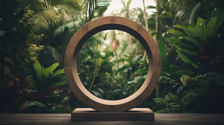 Generative AI, Empty circle wooden frame and tropical leaves on jungle background. For product display.の素材