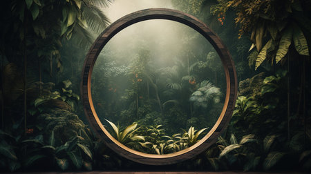Generative AI, Empty circle wooden frame and tropical leaves on jungle background. For product display.の素材