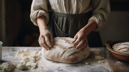 Generative AI, baker prepares bread or bakery at the home kitchen, ecologically natural pastries.の素材