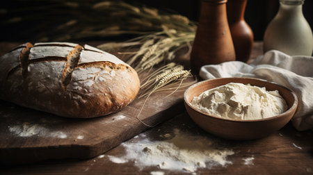 Generative AI, baker prepares bread or bakery at the home kitchen, ecologically natural pastries.の素材