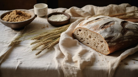 Generative AI, baker prepares bread or bakery at the home kitchen, ecologically natural pastries.の素材