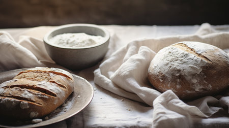 Generative AI, baker prepares bread or bakery at the home kitchen, ecologically natural pastries.の素材