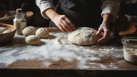 Generative AI, baker prepares bread or bakery at the home kitchen, ecologically natural pastries.の素材