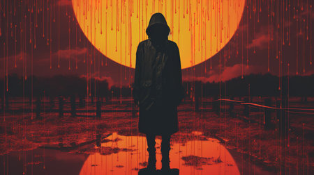 Generative AI, Halloween landscape background. Risograph glitch poster, chaosfunk surreal collageの素材