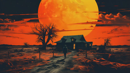 Generative AI, Halloween landscape background. Risograph glitch poster, chaosfunk surreal collageの素材