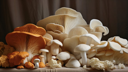 Generative AI, Fresh different mushrooms, autumn harvest, aesthetic muted neutral colorsの素材