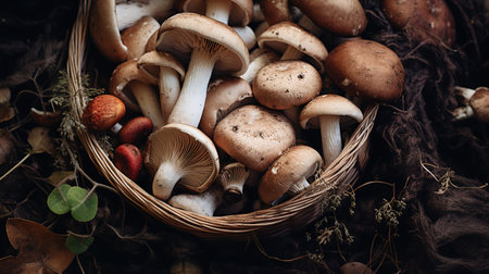 Generative AI, Fresh different mushrooms, autumn harvest, aesthetic muted neutral colorsの素材