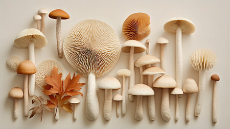 Generative AI, Fresh different mushrooms, autumn harvest, aesthetic muted neutral colorsの素材