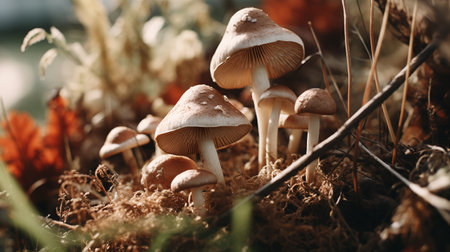 Generative AI, Fresh different mushrooms, autumn harvest, aesthetic muted neutral colorsの素材