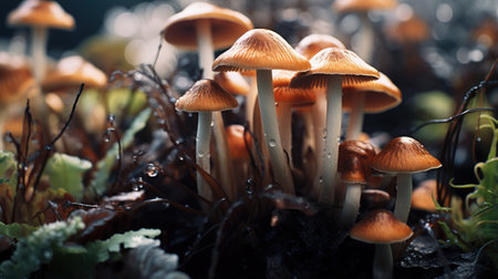 Generative AI, Fresh different mushrooms, autumn harvest, aesthetic muted neutral colorsの素材