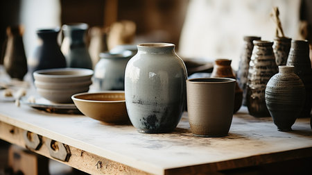 Generative AI, crafted pottery, still life of hand made pottery and ceramic bowls, hobby and leisure conceptの素材