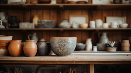 Generative AI, crafted pottery, still life of hand made pottery and ceramic bowls, hobby and leisure conceptの素材