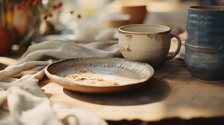 Generative AI, crafted pottery, still life of hand made pottery and ceramic bowls, hobby and leisure conceptの素材