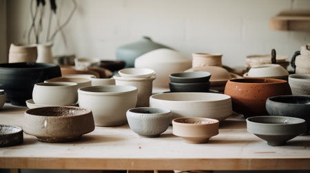 Generative AI, crafted pottery, still life of hand made pottery and ceramic bowls, hobby and leisure conceptの素材