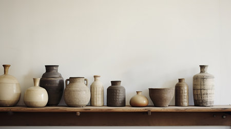 Generative AI, crafted pottery, still life of hand made pottery and ceramic bowls, hobby and leisure conceptの素材